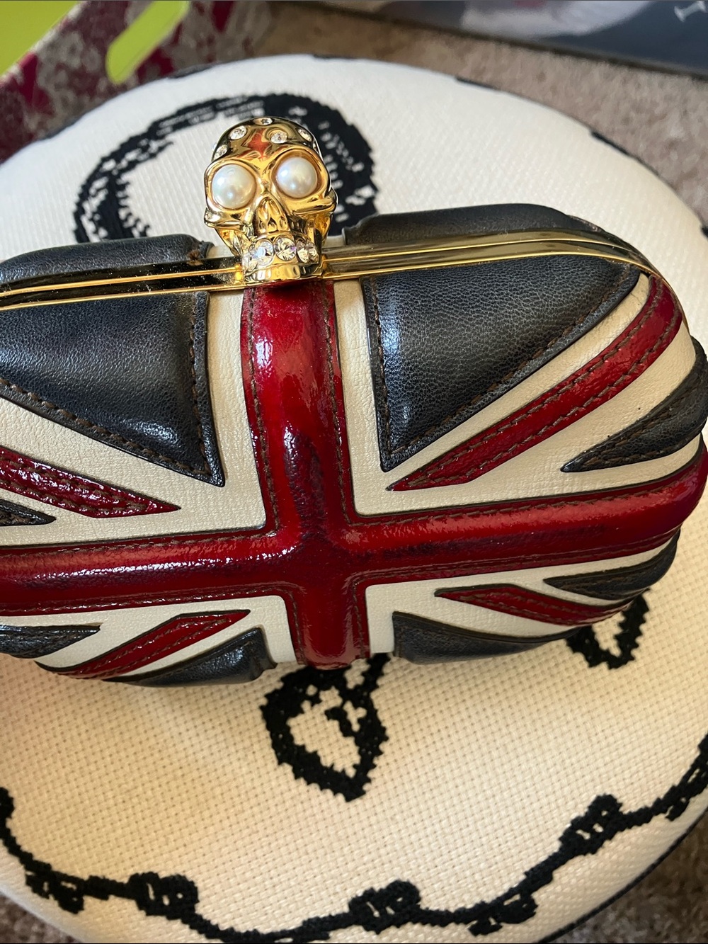 Alexander McQueen Red White Blue Union Jack Skull Clutch 2008 rhinestones